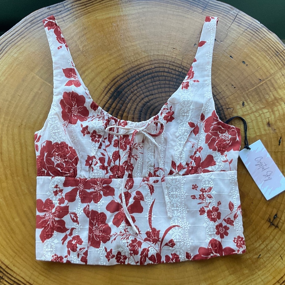 Crystal Sky floral eyelet cropped tank top with adjustable straps NWT
